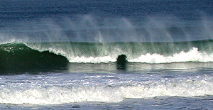 Curling waves and spindrift at beach in La Jolla, California.